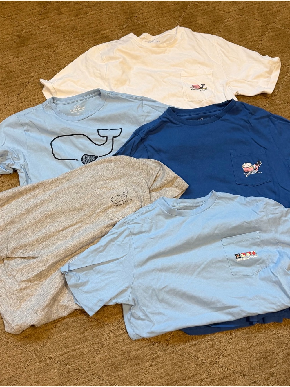 5 Vineyard Vines Kids Short Sleeve Tees in Light Blue, Blue, White, and Gray